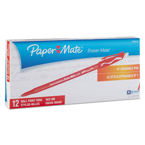 Paper Mate Eraser Mate Ballpoint Pen, Stick, Medium 1 mm, Red Ink, Red Barrel, Dozen 3920158