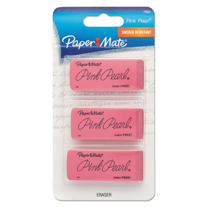 Paper Mate Pink Pearl Eraser, For Pencil Marks, Rectangular Block, Large, Pink, 3-Pack 70501