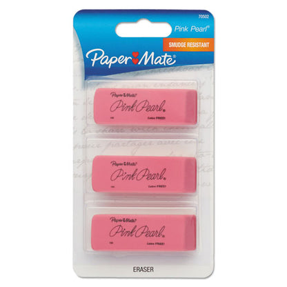 Paper Mate Pink Pearl Eraser, For Pencil Marks, Rectangular Block, Medium, Pink, 3-Pack 70502