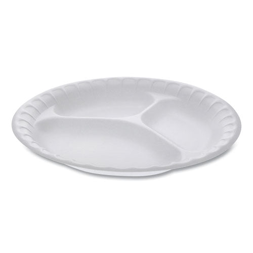 Pactiv Unlaminated Foam Dinnerware, 3-Compartment Plate, 9" dia, White, 500-Carton 0TH100110000