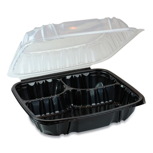 Pactiv EarthChoice Dual Color Hinged-Lid Takeout Container, 3-Compartment, 34 oz, 10.5 x 9.5 x 3, Black-Clear, 132-Carton DC109310B000