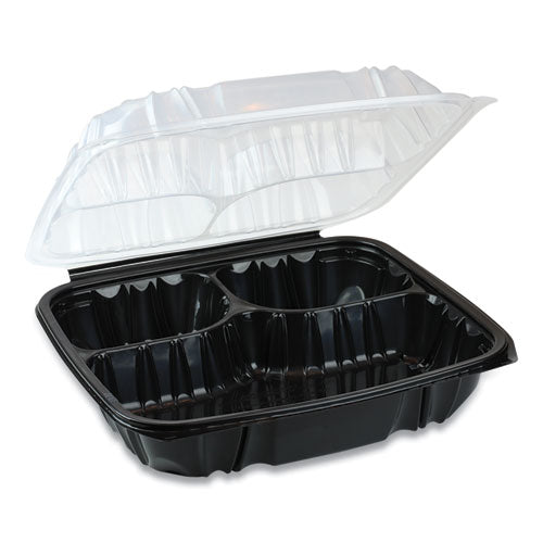 Pactiv EarthChoice Dual Color Hinged-Lid Takeout Container, 3-Compartment, 34 oz, 10.5 x 9.5 x 3, Black-Clear, 132-Carton DC109330B000