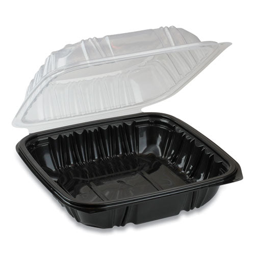 Pactiv EarthChoice Dual Color Hinged-Lid Takeout Container, 1-Compartment, 28 oz, 7.5 x 7.5 x 3, Black-Clear, 150-Carton DC757100B000