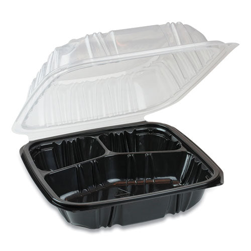 Pactiv EarthChoice Dual Color Hinged-Lid Takeout Container, 3-Compartment, 21 oz, 8.5 x 8.5 x 3, Black-Clear, 150-Carton DC858310B000