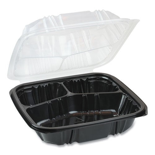 Pactiv EarthChoice Dual Color Hinged-Lid Takeout Container, 33 oz, 8.5 x 8.5 x 3, 3-Compartment, Black-Clear, 150-Carton DC858330B000