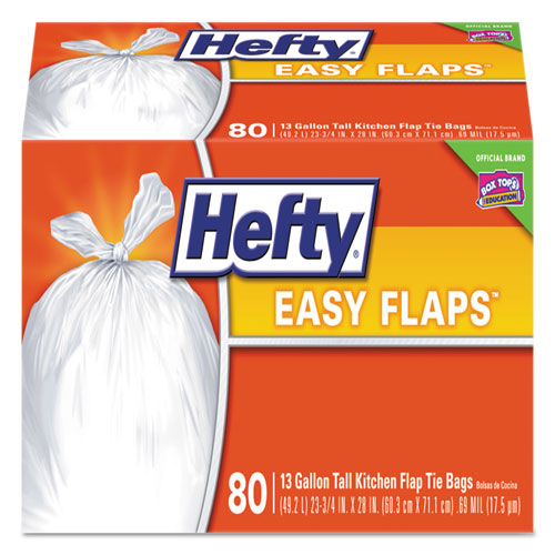 Hefty Easy Flaps Trash Bags, 13 gal, 0.8 mil, 23.75" x 28", White, 80-Box E84563