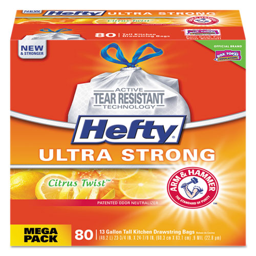 Hefty Ultra Strong Scented Tall White Kitchen Bags, 13 gal, 0.9 mil, 23.75" x 24.88", White, 80-Box E88354