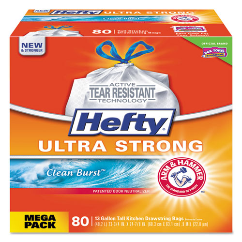 Hefty Ultra Strong Scented Tall White Kitchen Bags, 13 gal, 0.9 mil, 23.75" x 24.88", White, 80-Box E88356