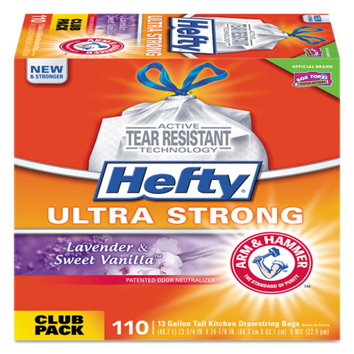 Hefty Ultra Strong Scented Tall White Kitchen Bags, 13 gal, 0.9 mil, 23.75" x 24.88", White, 110-Box E88366