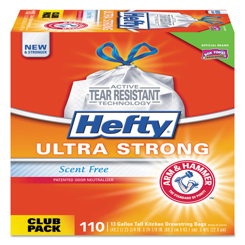 Hefty Ultra Strong Tall Kitchen and Trash Bags, 13 gal, 0.9 mil, 23.75" x 24.88", White, 110-Box E33368