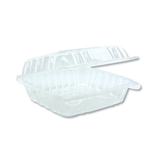 Pactiv Hinged Lid Container, 8.34 x 8.24 x 3.05, Clear, 200-Carton YCI821200000