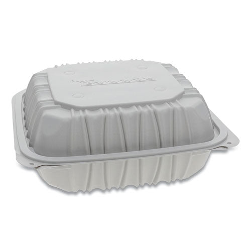 Pactiv Vented Microwavable Hinged-Lid Takeout Container, 3-Compartment, 8.5 x 8.5 x 3.1, White, 146-Carton YCNW0853