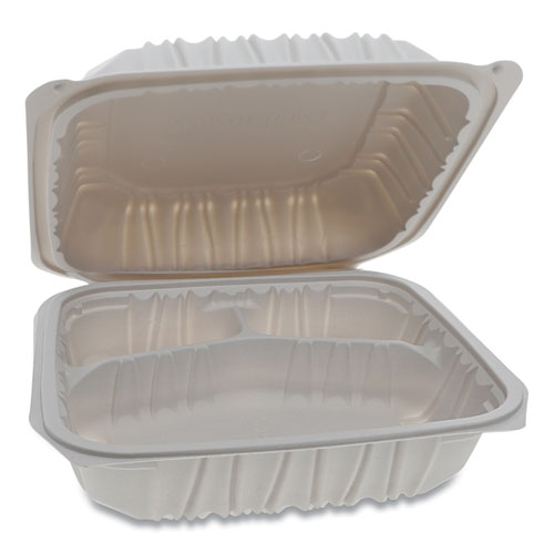 Pactiv Vented Microwavable Hinged-Lid Takeout Container, 3-Compartment, 8.5 x 8.5 x 3.1, White, 146-Carton YCNW0853