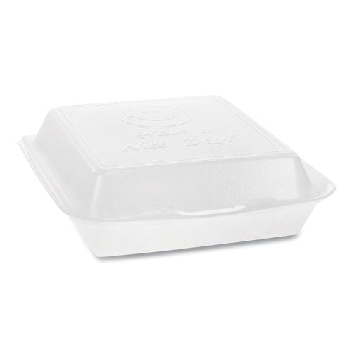 Pactiv Foam Hinged Lid Containers, Dual Tab Lock Happy Face, 8 x 7.75 x 2.25, White, 200-Carton YHD18SS00200