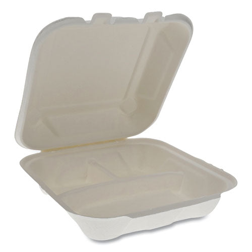 Pactiv EarthChoice Bagasse Hinged Lid Container, 3-Compartment, Dual Tab Lock, 7.8 x 7.8 x 2.8, Natural, 150-Carton YMCH08030001