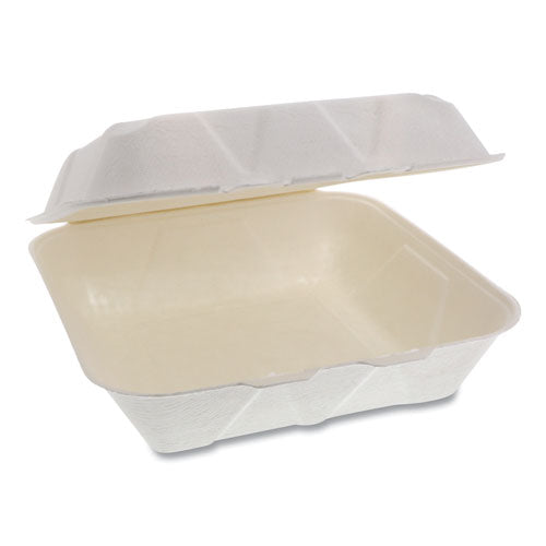 Pactiv EarthChoice Bagasse Hinged Lid Container, Dual Tab Lock Large Container, 9 x 9 x 3.5, Natural, 150-Carton YMCH09010001