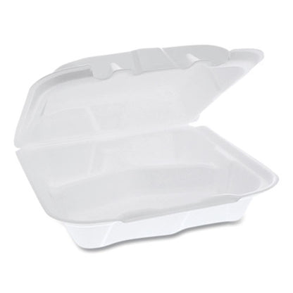Pactiv Foam Hinged Lid Containers, Dual Tab Lock, 3-Compartment, 8.42 x 8.15 x 3, White, 150-Carton YTD188030000