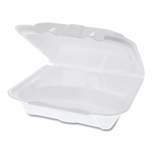 Pactiv Foam Hinged Lid Containers, Dual Tab Lock, 3-Compartment, 8.42 x 8.15 x 3, White, 150-Carton YTD188030000