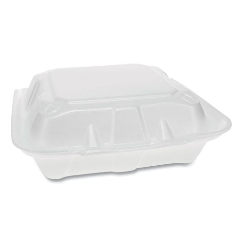 Pactiv Foam Hinged Lid Containers, Dual Tab Lock Economy, 3-Compartment, 8.42 x 8.15 x 3, White, 150-Carton YTD18803ECON