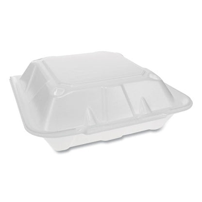 Pactiv Foam Hinged Lid Containers, Dual Tab Lock Economy, 3-Compartment, 9.13 x 9 x 3.25, White, 150-Carton YTD19903ECON