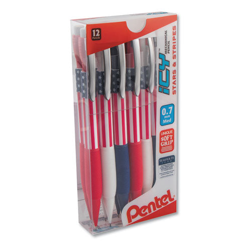 Pentel Icy Mechanical Pencil, 0.7 mm, HB (#2.5), Black Lead, Blue-Red-White Barrel, Dozen AL27USAPC12M