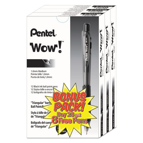 Pentel WOW! Ballpoint Pen Value Pack, Retractable, Medium 1 mm, Black Ink, Black Barrel, 36-Pack BK440ASW-US