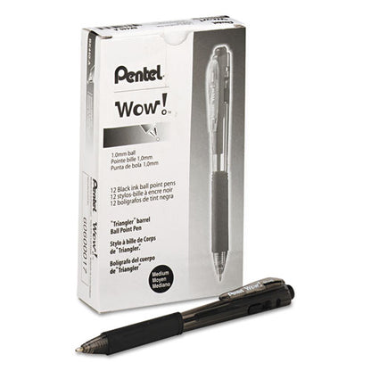 Pentel WOW! Ballpoint Pen, Retractable, Medium 1 mm, Black Ink, Black Barrel, Dozen BK440-A