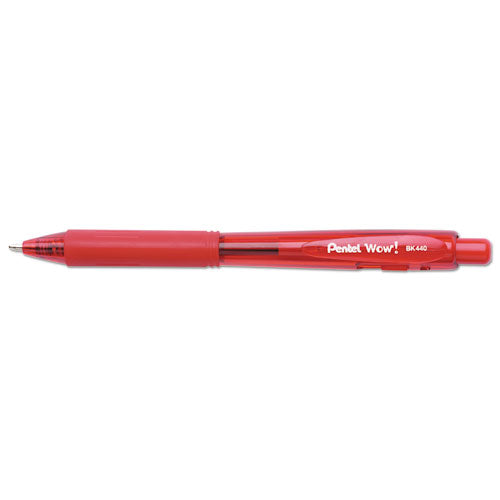 Pentel WOW! Ballpoint Pen, Retractable, Medium 1 mm, Red Ink, Red Barrel, Dozen BK440-B