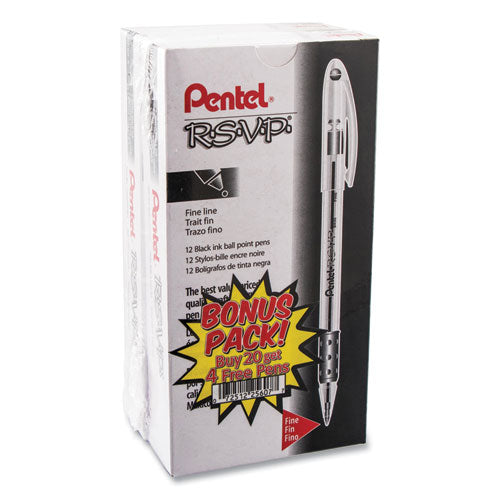 Pentel R.S.V.P. Ballpoint Pen Value Pack, Stick, Fine 0.7 mm, Black Ink, Clear-Black Barrel, 24-Pack BK90ASW2