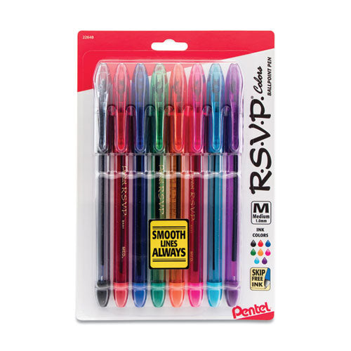 Pentel R.S.V.P. Ballpoint Pen, Stick, Medium 1 mm, Assorted Ink and Barrel Colors, 8-Pack BK91CRBP8M