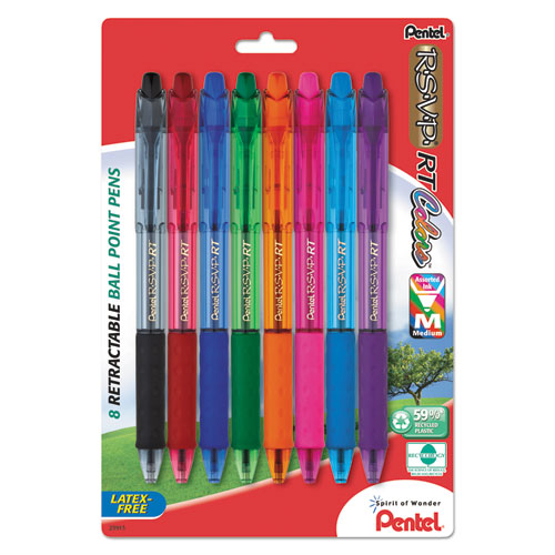 Pentel R.S.V.P. RT Ballpoint Pen, Retractable, Medium 1 mm, Assorted Ink Colors, Clear Barrel, 8-Pack BK93CRBP8M