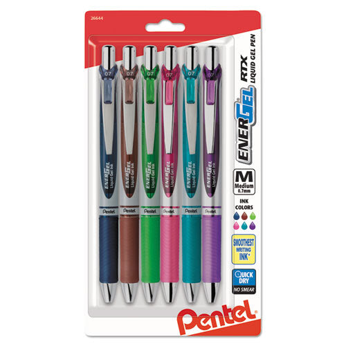 Pentel EnerGel RTX Gel Pen, Retractable, Medium 0.7 mm, Assorted Ink and Barrel Colors, 6-Pack BL77BP6M1