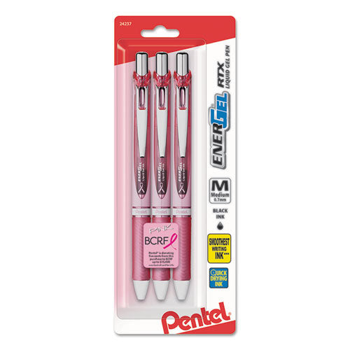 Pentel EnerGel RTX Gel Pen, Retractable, Medium 0.7 mm, Black Ink, Pink-Silver Barrel, 3-Pack BL77PBP3A-BC