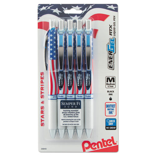Pentel EnerGel RTX Gel Pen, Retractable, Medium 0.7 mm, Black Ink, Red-White-Blue Barrel, 5-Pack BL77USABP5A