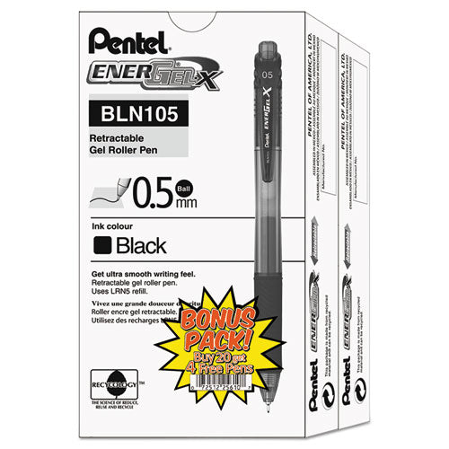 Pentel EnerGel-X Gel Pen, Retractable, Fine 0.5 mm Needle Tip, Black Ink, Black Barrel, 24-Pack BLN105ASW2
