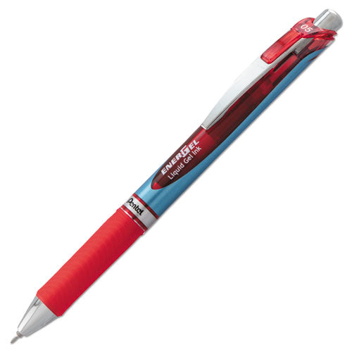 Pentel EnerGel RTX Gel Pen, Retractable, Fine 0.5 mm Needle Tip, Red Ink, Silver-Red Barrel BLN75-B
