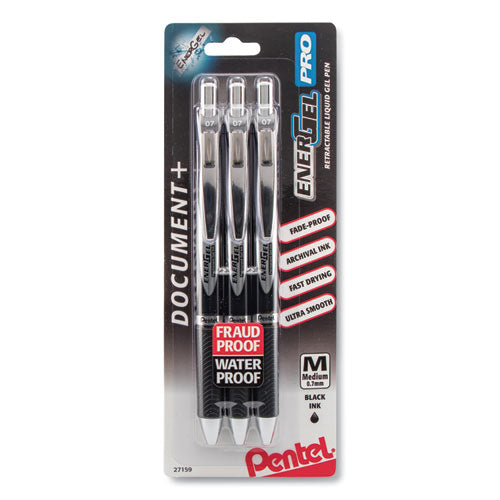 Pentel EnerGel PRO Gel Pen, Retractable, Medium 0.7 mm, Black Ink, Black Barrel, 3-Pack BLP77BP3A