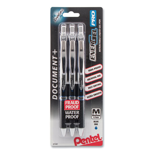Pentel EnerGel PRO Gel Pen, Retractable, Medium 0.7 mm, Blue Ink, Black Barrel, 3-Pack BLP77BP3C