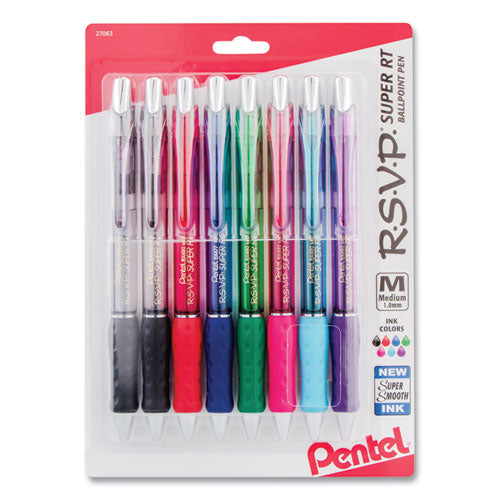 Pentel R.S.V.P. Super RT Ballpoint Pen, Retractable, Medium 1 mm, Assorted Ink and Barrel Colors, 8-Pack BX480BP8M