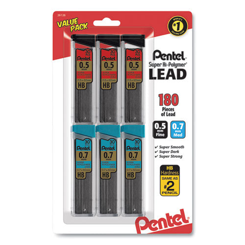 Pentel Super Hi-Polymer Lead Refill Value Pack, 0.5 mm; 0.7 mm, HB, Black, 30-Tube, 6 Tubes-Pack C257BPHB6