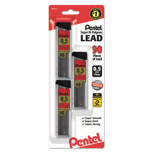 Pentel Super Hi-Polymer Lead Refills, 0.5 mm, HB, Black, 30-Tube, 3 Tubes-Pack C25BPHB3K6