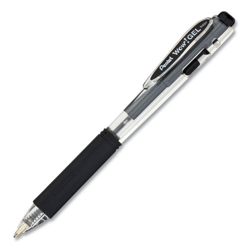 Pentel WOW! Gel Pen, Retractable, Medium 0.7 mm, Black Ink, Clear-Black Barrel, Dozen K437A