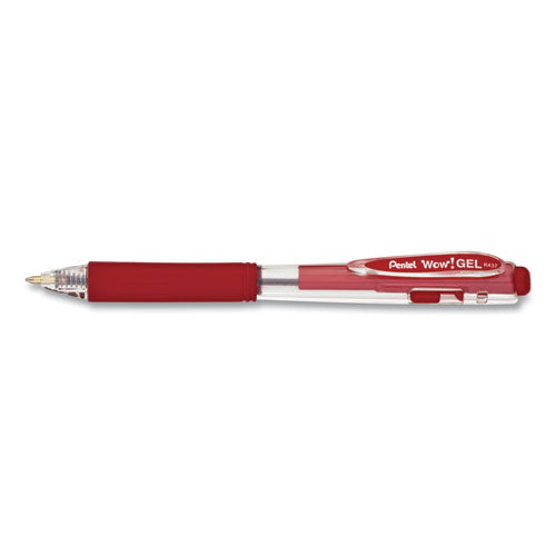 Pentel WOW! Gel Pen, Retractable, Medium 0.7 mm, Red Ink, Clear-Red Barrel, Dozen K437B