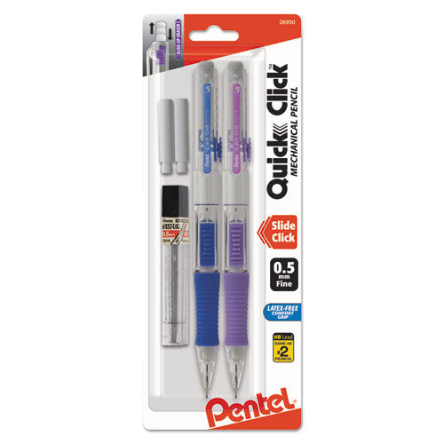 Pentel QUICK CLICK Mechanical Pencil, 0.5 mm, HB (#2.5), Black Lead, Assorted Barrel Colors, 2-Pack PD215LEBP2