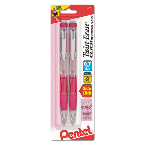Pentel Twist-Erase CLICK Mechanical Pencil, 0.7 mm, HB (#2.5), Black Lead, Pink Barrel, 2-Pack PD277TBP2C-BC
