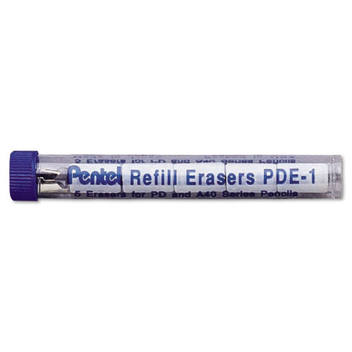 Pentel Eraser Refills for Pentel Champ, e-sharp, Jolt, Icy and Quicker Clicker Pencils, Cylindrical Rod, White, 5-Tube PDE1