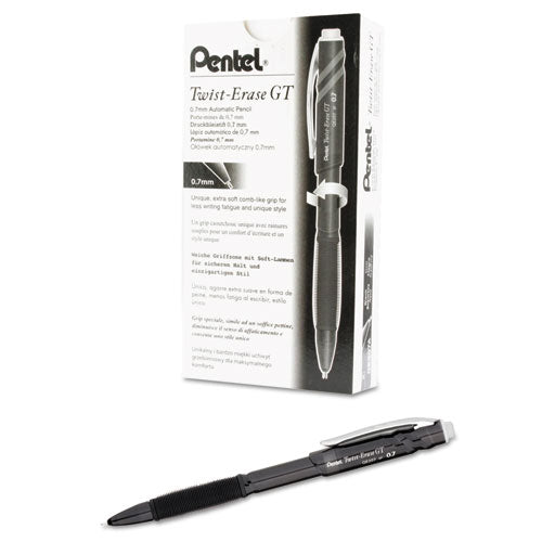 Pentel Twist-Erase GT Pencils, 0.7 mm, HB (#2.5), Black Lead, Black Barrel QE207A