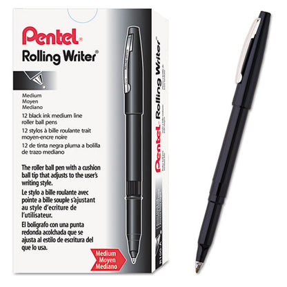 Pentel Rolling Writer Roller Ball Pen, Stick, Medium 0.8 mm, Black Ink, Black Barrel, Dozen R100A