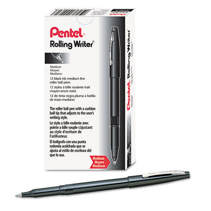 Pentel Rolling Writer Roller Ball Pen, Stick, Medium 0.8 mm, Black Ink, Black Barrel, Dozen R100A