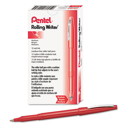 Pentel Rolling Writer Roller Ball Pen, Stick, Medium 0.8 mm, Red Ink, Red Barrel, Dozen R100B